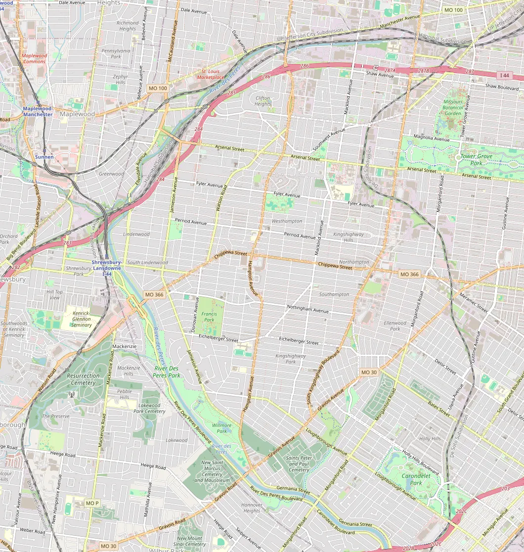 Map of south St. Louis, MO showing a 49-point Google Maps rank grid